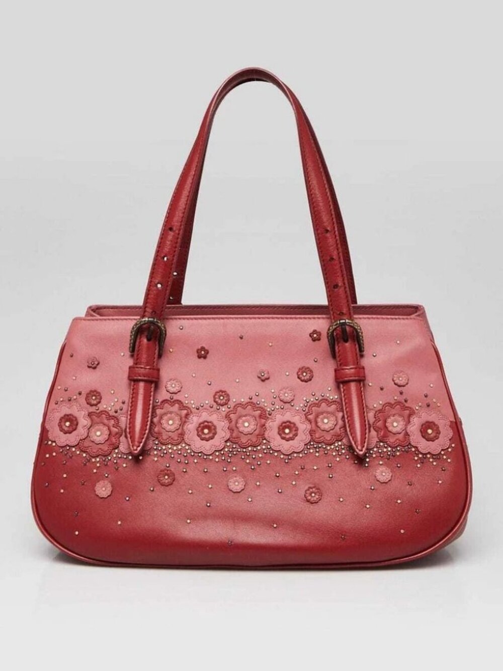 Bottega Veneta Red/Pink Leather Studded Floral Applique Bag
